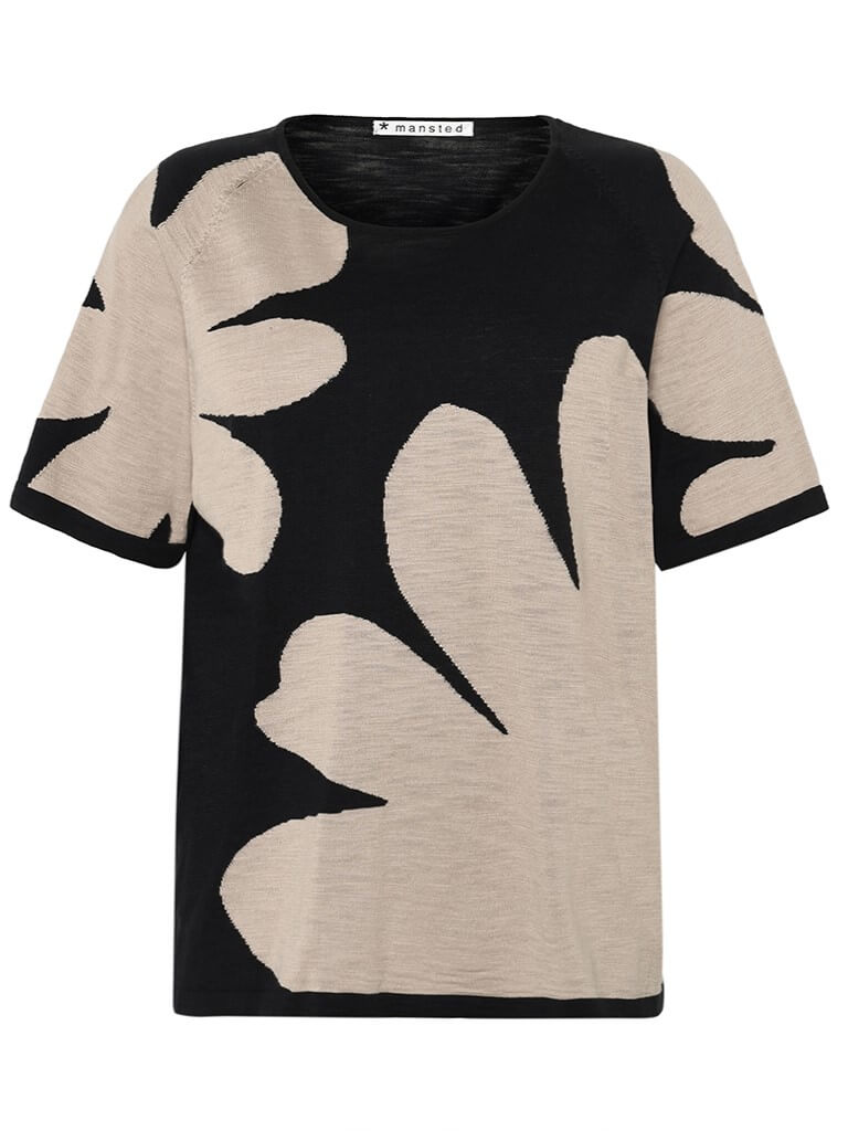 Sort/beige strikbluse med mega blomster