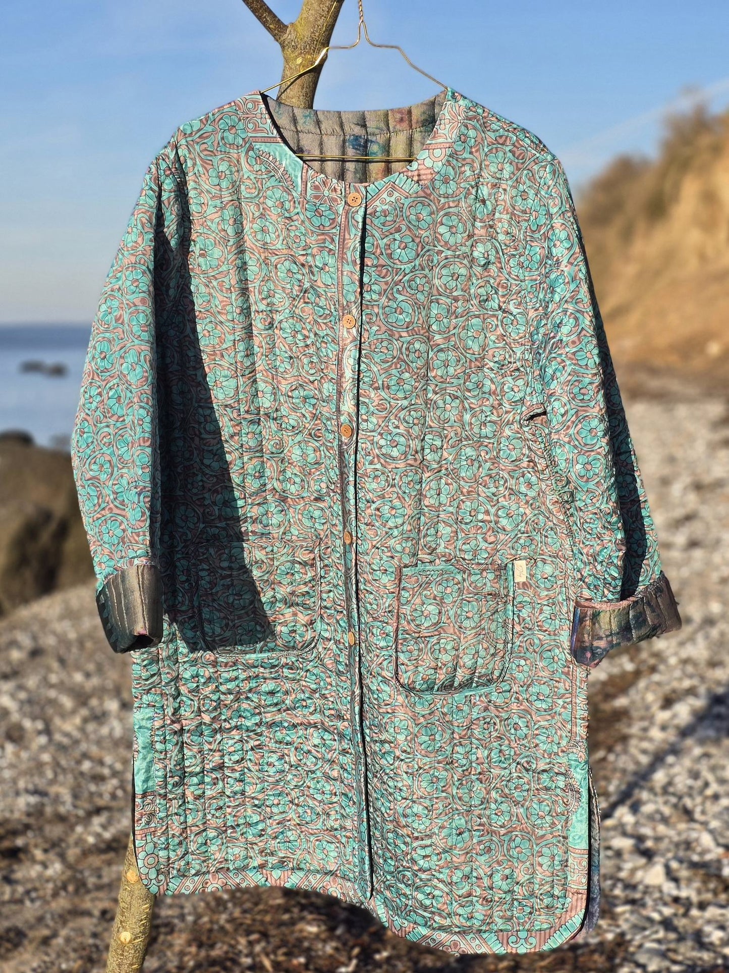 Quiltet silkejakke str. L/XL Turkis