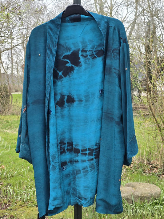 Vendbar kimono i pachwork, turkisblå