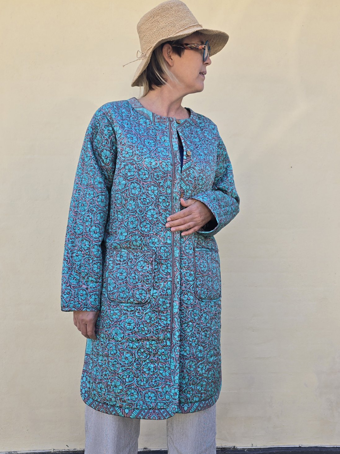 Quiltet silkejakke str. L/XL Turkis